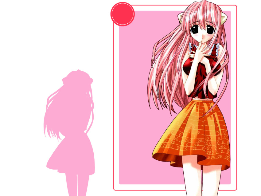 bare_shoulders black_eyes elfen_lied hand_on_own_chest hand_on_own_face highres horns long_hair lucy nyuu official_art okamoto_lynn pink_hair silhouette skirt