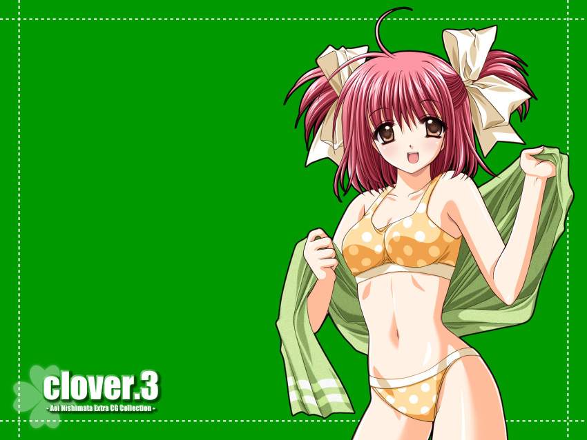 clover clover_(game_cg) green highres nishimata_aoi red_hair ribbon swimsuit towel twintails wallpaper