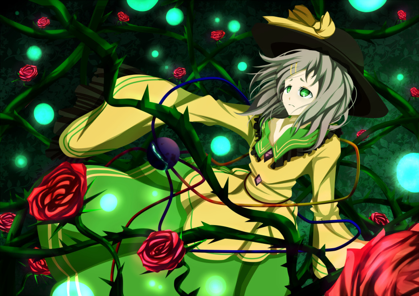 danmaku flower green_eyes grey_hair hairclip hat komeiji_koishi long_sleeves momijioroshi oversized_clothes pale_skin rose skirt solo thorns touhou vines