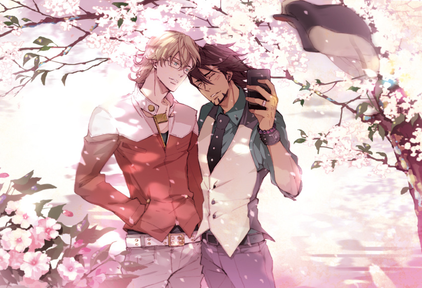 2boys barnaby_brooks_jr blonde_hair brown_hair cabbie_hat camera_phone cherry_blossoms facial_hair floers glasses green_eyes hat hat_removed headwear_removed jacket kaburagi_t_kotetsu mamita multiple_boys red_jacket stubble tiger_&amp;_bunny tree