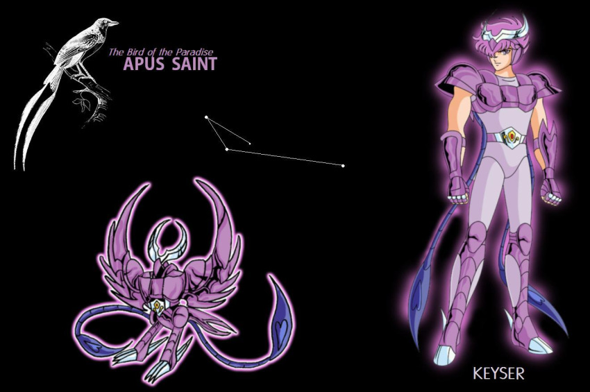apus_keyser armor bird cloth constellation hair_over_one_eye knights_of_the_zodiac male mythology pink_hair saint_seiya source_request