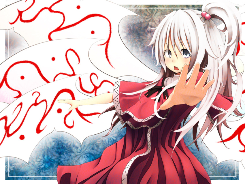 capelet foreshortening hair_bobbles hair_ornament hands long_hair multiple_wings outstretched_arms shinki side_ponytail sin_(artist) solo spread_arms touhou white_hair wings