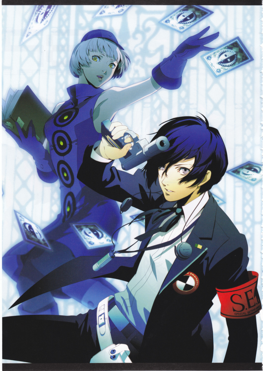 arisato_minato armband blue_hair book elizabeth elizabeth_(persona) evoker female_protagonist_(persona_3) gloves hat headphones highres pantyhose persona persona_3 persona_3_portable scan short_hair soejima_shigenori velvet_room weapon white_hair yellow_eyes