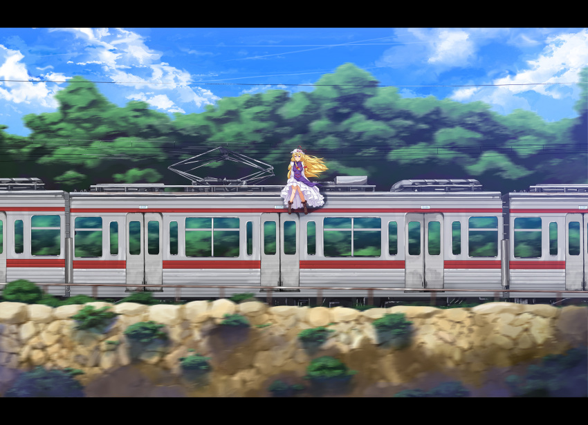 absurdres amaneko cloud clouds highres motion_blur ryouma_(galley) scenery sitting sky solo touhou train tree yakumo_yukari