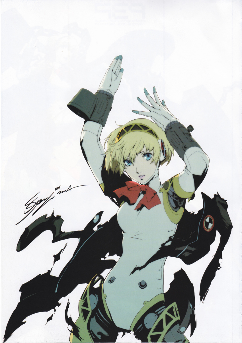 aegis android blonde_hair blue_eyes bow highres jacket persona persona_3 ribbon robot_joints scan short_hair soejima_shigenori solo torn_clothes