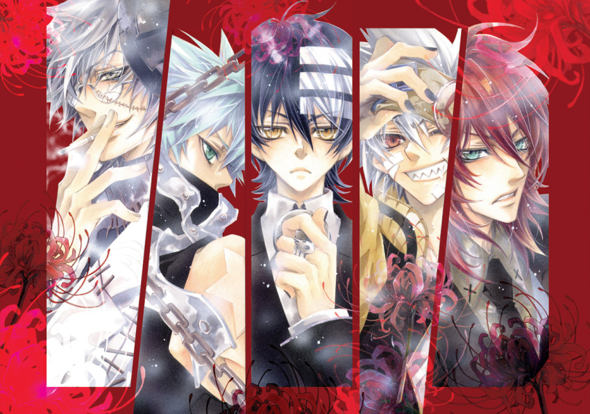 aqua_eyes black_star column_lineup death_scythe_(spirit) death_the_kid dr_franken_stein flower glasses hina lee_sun_young male multiple_boys red_eyes red_hair redhead silver_hair smoking soul_eater soul_eater_(character) spider_lily yellow_eyes