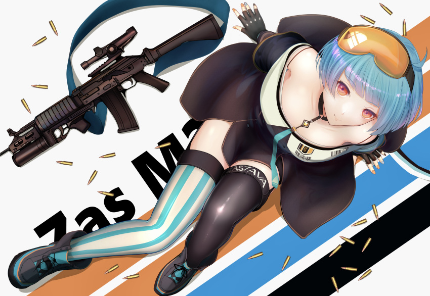 1girl absurdres assault_rifle bare_shoulders black_footwear black_gloves black_legwear blue_hair blue_nails boots breasts bullet character_name closed_mouth eyebrows_visible_through_hair eyewear_on_head fingerless_gloves girls_frontline gloves guchagucha gun hands_on_floor highres looking_at_viewer multicolored multicolored_nails on_floor orange_nails red_eyes rifle safety_glasses short_hair simple_background small_breasts smile solo striped striped_legwear weapon zas_m21_(girls'_frontline) zastava_m21