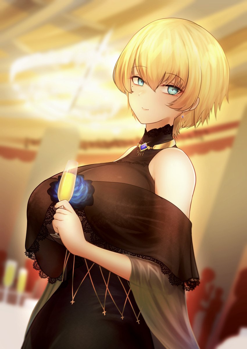 1girl absurdres black_dress blonde_hair blue_eyes breasts closed_mouth cup dress earrings eyebrows_visible_through_hair girls_frontline glass guchagucha highres holding holding_cup jewelry large_breasts looking_at_viewer mole mole_under_eye necktie short_hair smile solo vsk-94_(girls'_frontline)