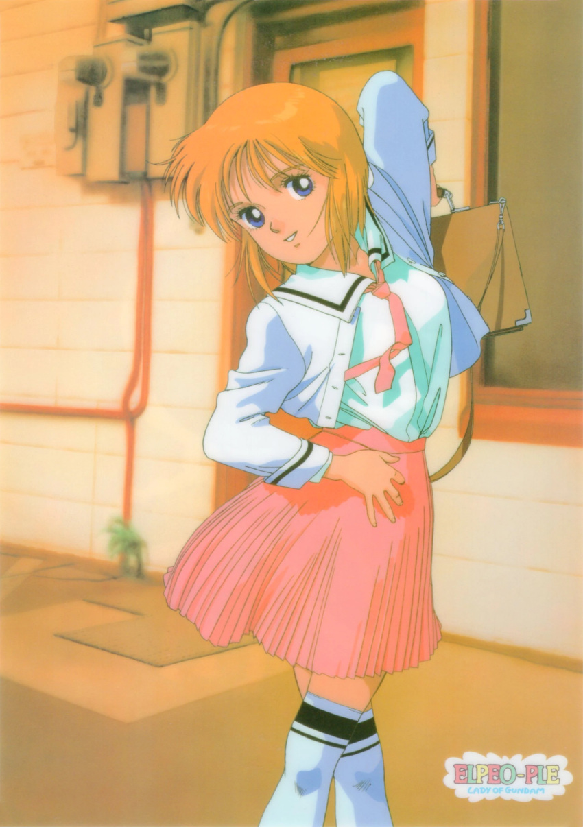 1980s_(style) 1girl absurdres bangs blouse blue_eyes casual character_name elpeo_puru feet_out_of_frame gundam gundam_zz high-waist_skirt highres indoors long_sleeves looking_at_viewer official_art orange_hair over-kneehighs parted_lips pink_neckwear pink_skirt pleated_skirt retro_artstyle school_briefcase shirt_tucked_in short_hair skirt smile solo thigh-highs
