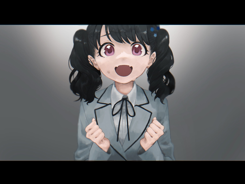 1girl artist_request black_hair black_neckwear black_ribbon blazer clenched_hands commentary_request fangs flower fukumaru_koito gradient gradient_background grey_background grey_jacket hair_flower hair_ornament highres idolmaster idolmaster_shiny_colors jacket looking_at_viewer medium_hair neck_ribbon open_mouth ribbon school_uniform shirt skin_fangs solo sweatdrop twintails upper_body violet_eyes white_shirt
