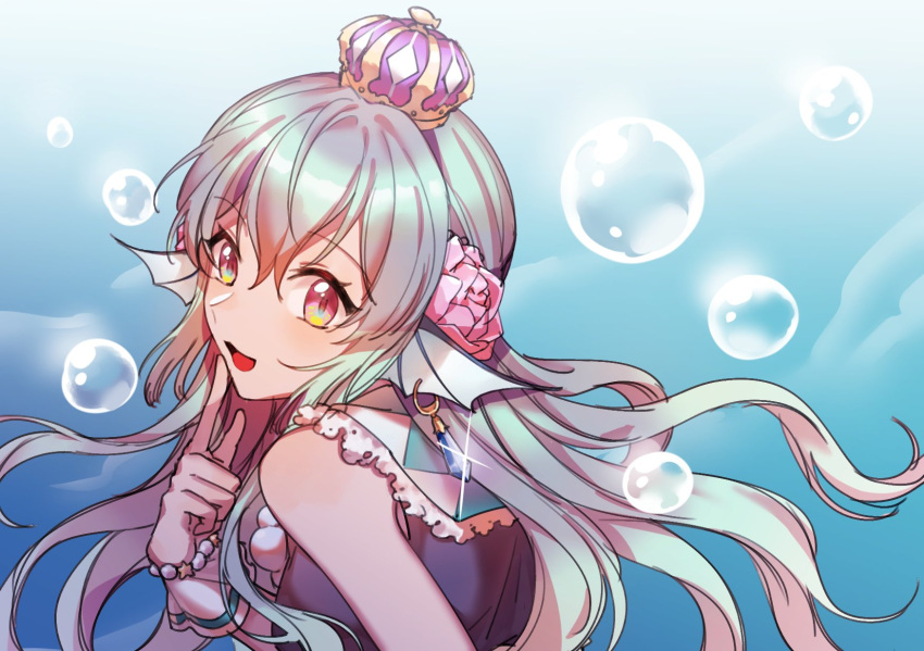 1girl bangs beads bubble crown eyebrows_visible_through_hair finana_ryugu flower green_hair hair_between_eyes hair_flower hair_ornament head_fins highres long_hair looking_at_viewer mermaid mini_crown monster_girl nijisanji nijisanji_en open_mouth rigu3di violet_eyes virtual_youtuber