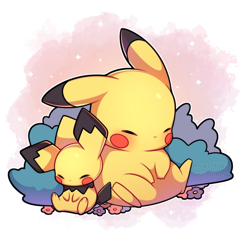 absurdres artist_name blush closed_eyes commentary english_commentary flower highres no_humans pichu pikachu pink_background pokemon pokemon_(creature) sevi_(seviyummy) sleeping sparkle watermark white_background