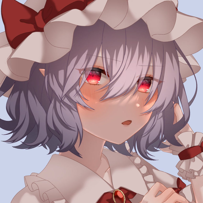 1girl ascot bangs blue_background blush bow brooch commentary_request face frilled_shirt_collar frills hair_between_eyes hand_up hat hat_bow highres hisu_(hisu_) jewelry looking_at_viewer mob_cap parted_lips red_bow red_eyes red_neckwear remilia_scarlet simple_background solo touhou white_headwear wrist_cuffs