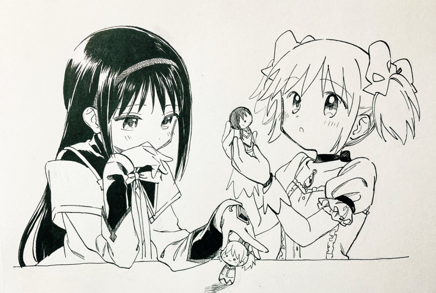 2girls akemi_homura black_hair choker collarbone collared_shirt commentary covering_mouth dithering doll dress ears_visible_through_hair eyebrows_visible_through_hair gloves hair_ornament hair_ribbon hairband hand_over_own_mouth highres kokeshi lineart long_hair looking_at_object looking_up magical_girl mahou_shoujo_madoka_magica monochrome multiple_girls neck_ribbon no+bi= open_mouth photo_(medium) puffy_short_sleeves puffy_sleeves ribbon shiny shiny_hair shirt short_sleeves short_twintails sidelocks simple_background soul_gem tareme traditional_media twintails vest white_background wing_collar