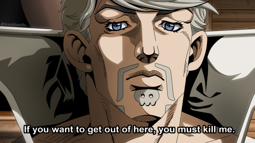 1boy araki_hirohiko_(style) blue_eyes facial_hair fake_screenshot goatee grandguerrilla grey_hair high_collar jojo_no_kimyou_na_bouken looking_at_viewer male_focus official_style portrait ringo_roadagain solo steel_ball_run subtitled twitter_username