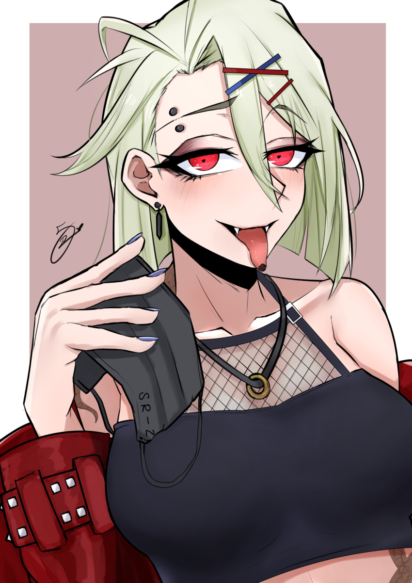 1girl bare_shoulders black_tank_top blush collarbone earrings eyebrow_piercing eyebrows eyebrows_visible_through_hair fangs fangs_out girls_frontline hair_ornament hairclip hand_up highres holding holding_mask jacket jewelry light_green_hair long_hair looking_at_viewer loveya1224 mask mouth_mask open_mouth piercing red_eyes red_jacket ring_necklace simple_background solo sr-2_(girls'_frontline) surgical_mask tank_top tongue tongue_out tongue_tattoo upper_body