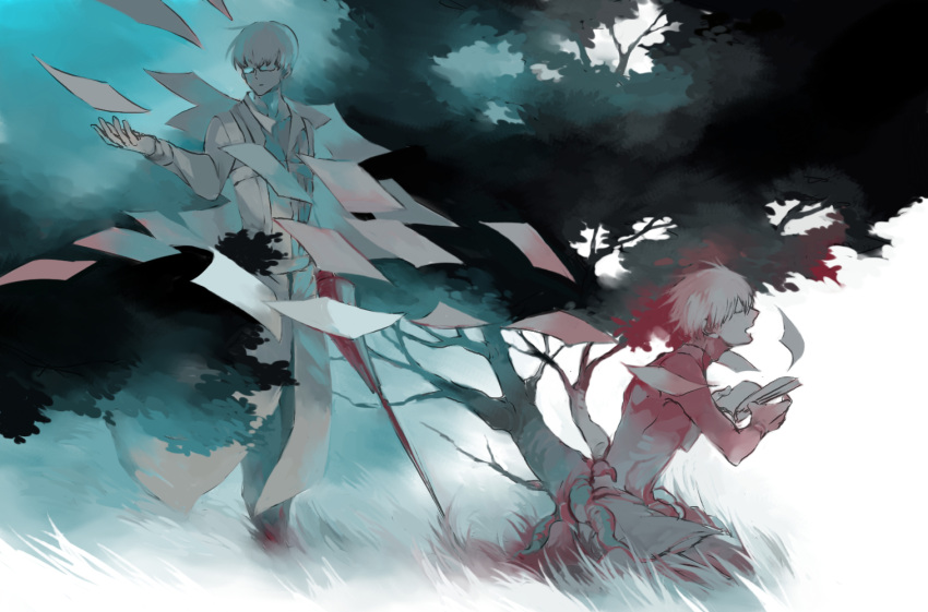 2boys arima_kishou book coat collarbone commentary_request from_side glasses grass green_background holding holding_book holding_sword holding_weapon kaneki_ken kneeling koujima_shikasa long_sleeves multicolored multicolored_background multiple_boys paper short_hair shorts standing sword tokyo_ghoul tokyo_ghoul:re tree weapon white_background