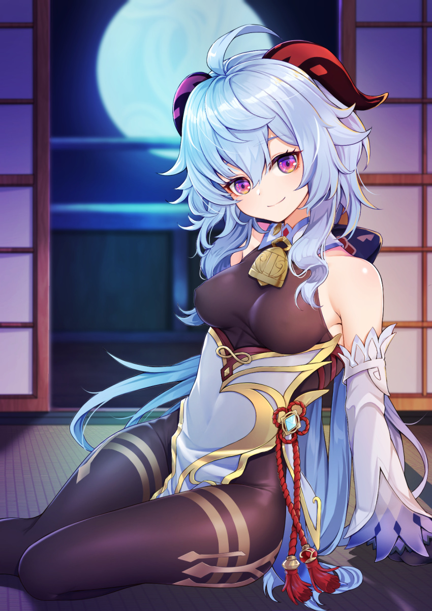 ahoge arm_support bangs bare_shoulders bell between_thighs blue_hair bow bowtie breasts chinese_knot detached_sleeves full_moon ganyu_(genshin_impact) genshin_impact gold_trim highres horns indoors long_hair looking_at_viewer medium_breasts moon multicolored multicolored_eyes neck_bell night sidelocks sitting smile very_long_hair vision_(genshin_impact) white_sleeves yami_kumo yokozuwari