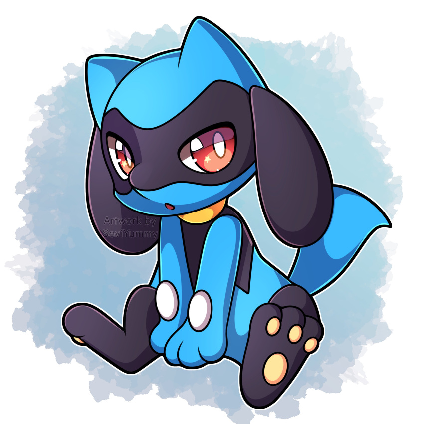 :o absurdres commentary english_commentary full_body grey_background highres looking_at_viewer no_humans open_mouth pokemon pokemon_(creature) red_eyes riolu sevi_(seviyummy) sitting solo two-tone_background watermark white_background