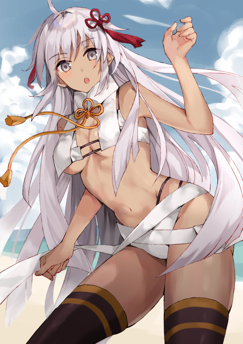 1girl absurdres ahoge bangs bare_shoulders beach bikini black_legwear blue_sky blush breasts dark-skinned_female dark_skin fate/grand_order fate_(series) grey_eyes highres long_hair looking_at_viewer medium_breasts navel noellescone okita_souji_(alter_swimsuit_saber)_(fate) okita_souji_(fate) open_mouth shore sky solo swimsuit tassel thigh-highs thighs very_long_hair white_bikini white_hair