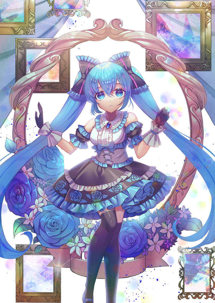 1girl bangs black_bow black_gloves black_legwear black_skirt blue_eyes blue_flower blue_footwear blue_hair blue_rose bow breasts center_frills collared_shirt commentary_request curtains eyebrows_visible_through_hair feet_out_of_frame flower frilled_bow frilled_shirt_collar frilled_skirt frills gloves hair_between_eyes hair_bow hatsune_miku highres long_hair looking_at_viewer medium_breasts parted_lips picture_frame raymond_busujima rose shirt shoes skirt sleeveless sleeveless_shirt solo thigh-highs very_long_hair vocaloid white_shirt