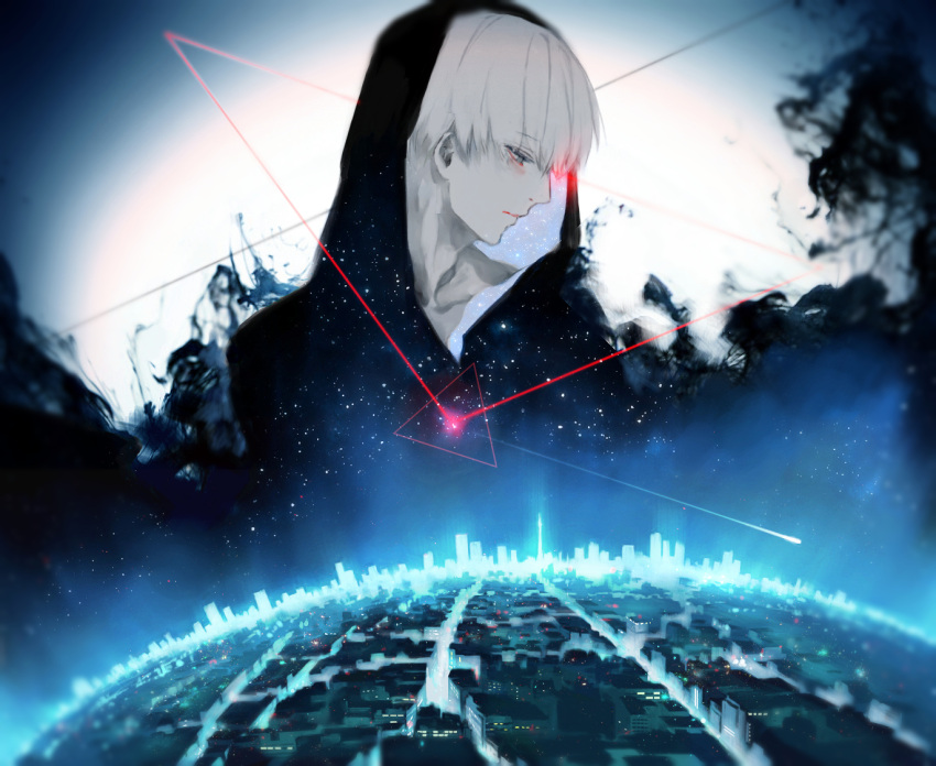 1boy bangs black_background black_hoodie city_lights closed_mouth eyebrows_visible_through_hair from_side hood hood_up hoodie kaneki_ken koujima_shikasa male_focus profile red_eyes short_hair solo starry_background symbol-only_commentary tokyo_ghoul upper_body white_background white_hair