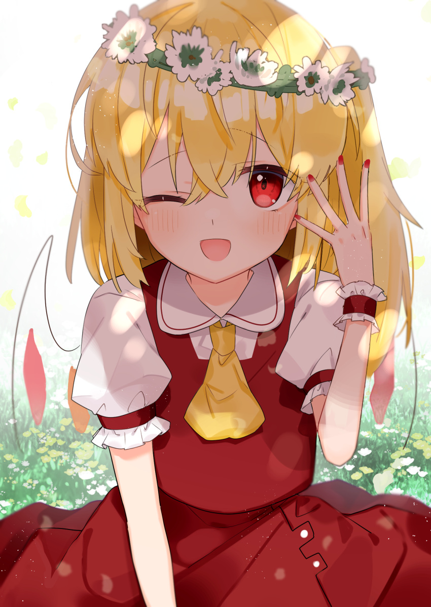 1girl ascot bangs blonde_hair blush commentary_request crystal flandre_scarlet hand_up head_wreath highres long_hair nail_polish no_hat no_headwear one_eye_closed one_side_up open_mouth red_eyes red_nails red_skirt red_vest shirt short_sleeves skirt smile solo suikario touhou upper_body vest white_shirt wings wrist_cuffs yellow_neckwear