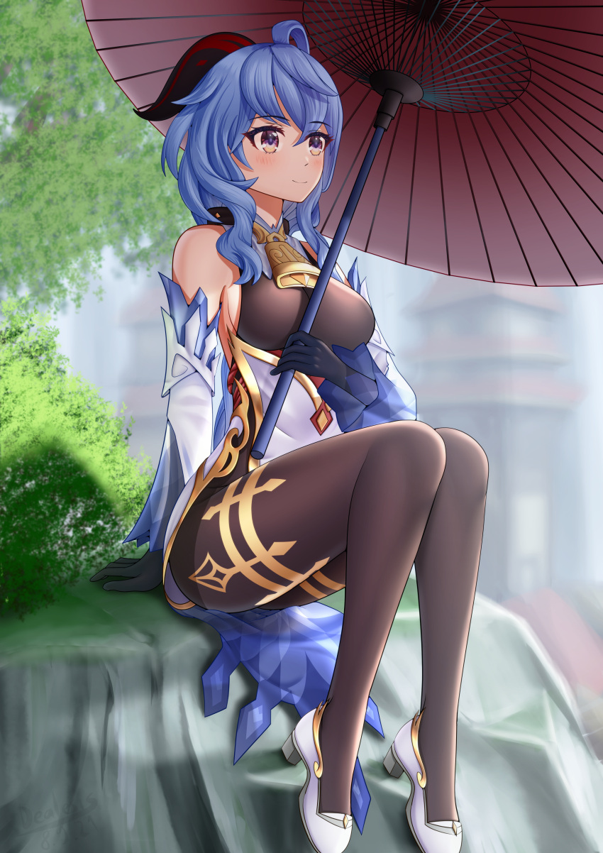 1girl absurdres ahoge bangs bare_shoulders bell black_gloves blue_hair breasts dealesis detached_sleeves english_commentary eyebrows_visible_through_hair ganyu_(genshin_impact) genshin_impact gloves gold_trim high_heels highres holding holding_umbrella horns looking_to_the_side medium_breasts neck_bell parasol scenery sidelocks sitting solo umbrella violet_eyes white_sleeves