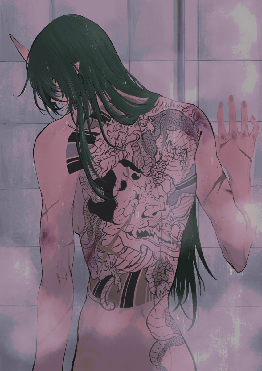 1girl arknights bruise collarbone commentary english_commentary from_behind green_hair highres horns hoshiguma_(arknights) injury long_hair looking_at_viewer looking_back nude oni_horns scar scar_on_arm scar_on_back shower_(place) showering single_horn solo tattoo upper_body wet wet_hair yellow_eyes zero_zhengyi