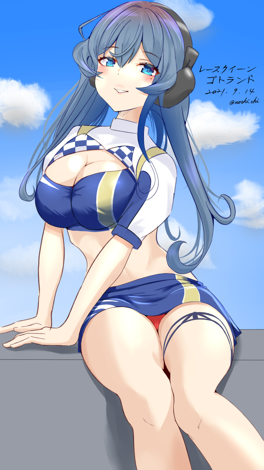 1girl absurdres black_gloves blue_bandeau blue_eyes blue_hair blue_skirt blue_sky character_name clouds cropped_jacket dated gloves gotland_(kancolle) half_gloves headphones headset highres jacket kantai_collection long_hair looking_at_viewer microphone miniskirt mole mole_under_eye panties parted_lips ponytail racequeen red_panties sakurai_nana_(moshichi) sitting skirt sky smile solo twitter_username underwear white_jacket