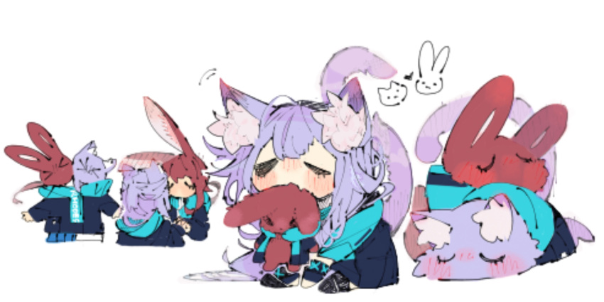 2girls amiya_(arknights) animal_ear_fluff animal_ears animalization arknights blush brown_hair cat cat_ears cat_girl cat_tail chibi cloak closed_eyes english_commentary flaprin_shift1 heart highres holding_hands hood hooded_cloak hooded_jacket infection_monitor_(arknights) jacket long_hair low_ponytail multiple_girls rabbit rabbit_ears rabbit_girl rosmontis_(arknights) silver_hair tail white_background yuri