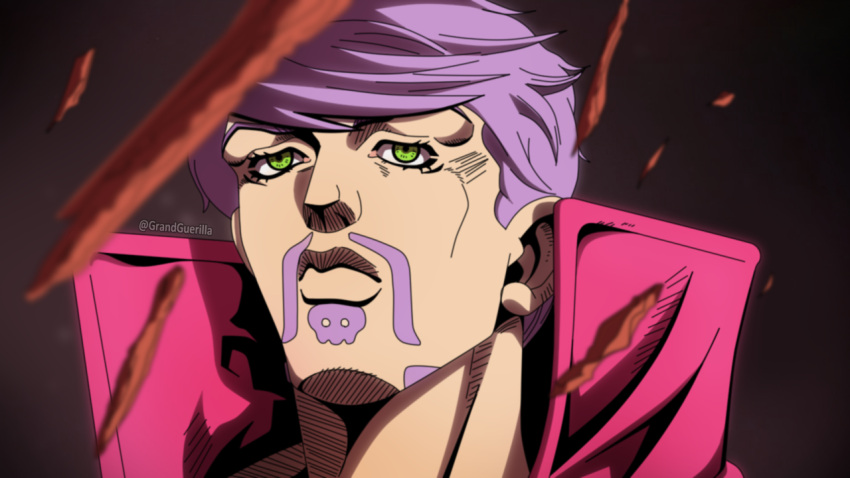 1boy araki_hirohiko_(style) closed_mouth facial_hair grandguerrilla green_eyes jojo_no_kimyou_na_bouken looking_at_viewer male_focus mustache official_style portrait purple_hair ringo_roadagain solo steel_ball_run twitter_username