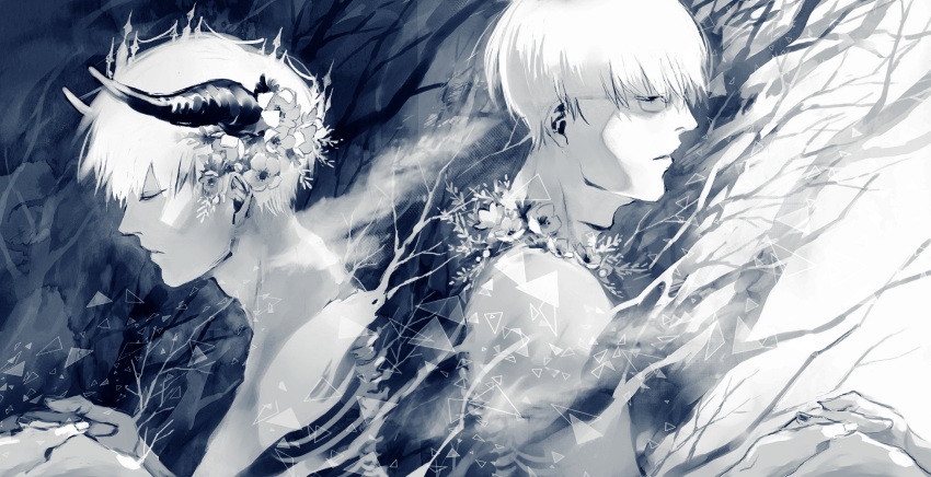 2boys bangs black_background bone closed_eyes closed_mouth commentary_request crown flower from_side glasses grey_background greyscale hair_flower hair_ornament highres holding_hands horns kaneki_ken koujima_shikasa male_focus monochrome multiple_boys profile short_hair spine tokyo_ghoul tokyo_ghoul:re