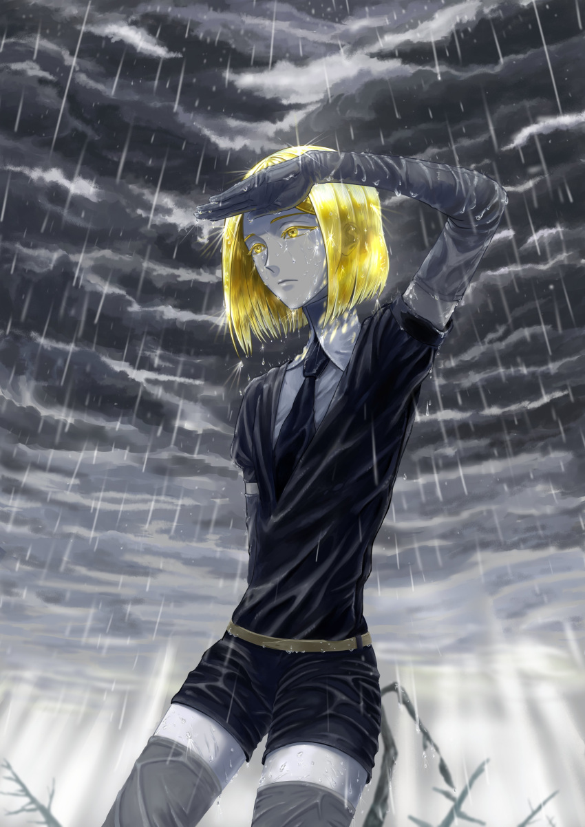 1other absurdres androgynous belt black_neckwear blonde_hair clouds cloudy_sky colored_eyelashes commentary_request crystal_hair elbow_gloves gem_uniform_(houseki_no_kuni) gloves highres houseki_no_kuni multiple_others necktie rain shirt short_hair short_sleeves shorts shumanomalos sky sparkle thigh-highs wet wet_clothes yellow_diamond_(houseki_no_kuni) yellow_eyes