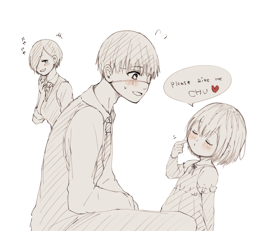 absurdres bangs blush blush_stickers closed_eyes collared_shirt commentary_request english_text father_and_daughter flying_sweatdrops hair_over_one_eye hand_up highres kaneki_ichika kaneki_ken kirishima_touka monochrome mother_and_daughter open_mouth pointing pointing_at_self shirt short_hair simple_background sketch smile smug speech_bubble sweat tokyo_ghoul tokyo_ghoul:re toukaairab translation_request white_background