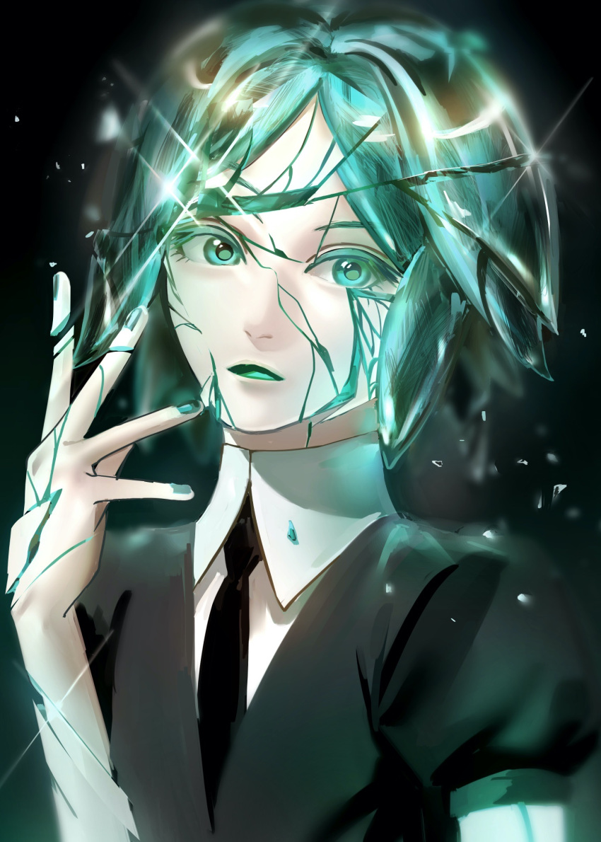 1other androgynous bangs colored_eyelashes commentary cracked_skin crystal_hair english_commentary gem_uniform_(houseki_no_kuni) green_eyes green_hair highres houseki_no_kuni keipsan looking_at_viewer necktie open_mouth phosphophyllite shards short_hair short_sleeves simple_background solo sparkle