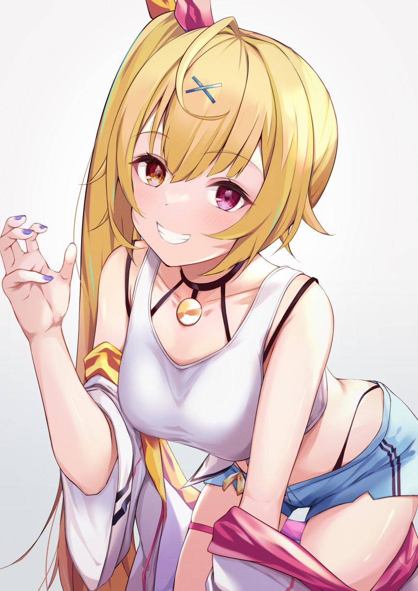 1girl absurdres bare_shoulders black_panties blonde_hair blue_shorts breasts crop_top equal_(heartstrings) front-tie_top hair_ornament heterochromia highleg highleg_panties highres hoshikawa_sara leaning_forward long_hair medium_breasts midriff nail_polish nijisanji off-shoulder_jacket off_shoulder panties panty_straps purple_nails red_eyes shirt shorts side_ponytail simple_background smile solo tank_top teeth underwear very_long_hair virtual_youtuber white_background white_tank_top x_hair_ornament yellow_eyes