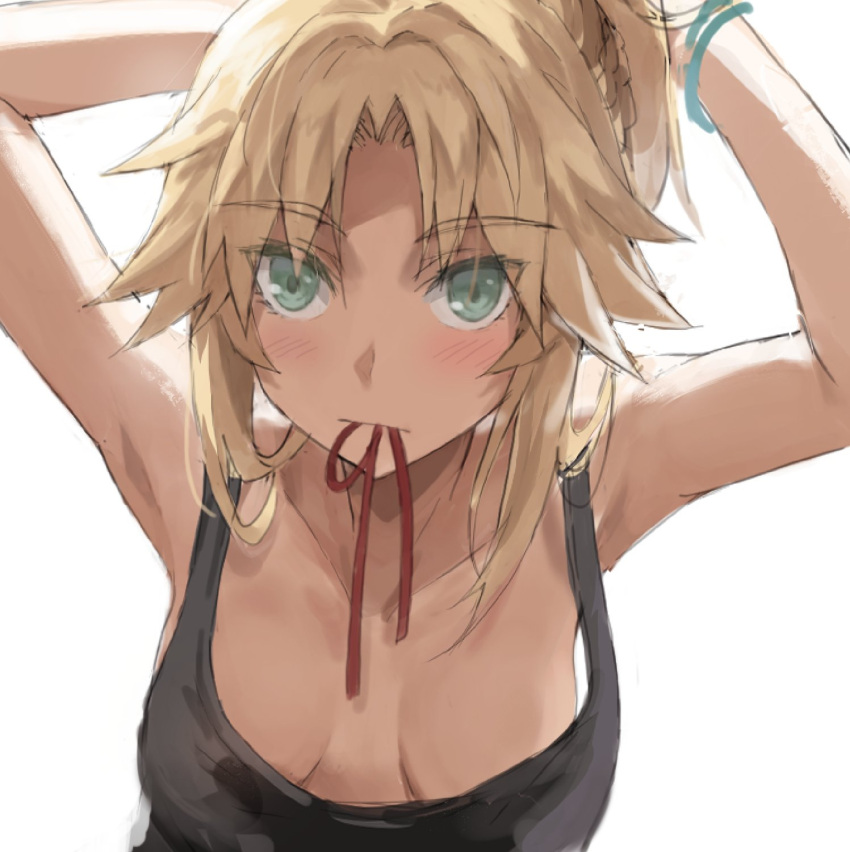1girl bangs bare_shoulders blonde_hair blush breasts fate/apocrypha fate_(series) green_eyes highres long_hair looking_at_viewer mordred_(fate) mordred_(fate/apocrypha) parted_bangs ponytail sidelocks small_breasts solo tonee