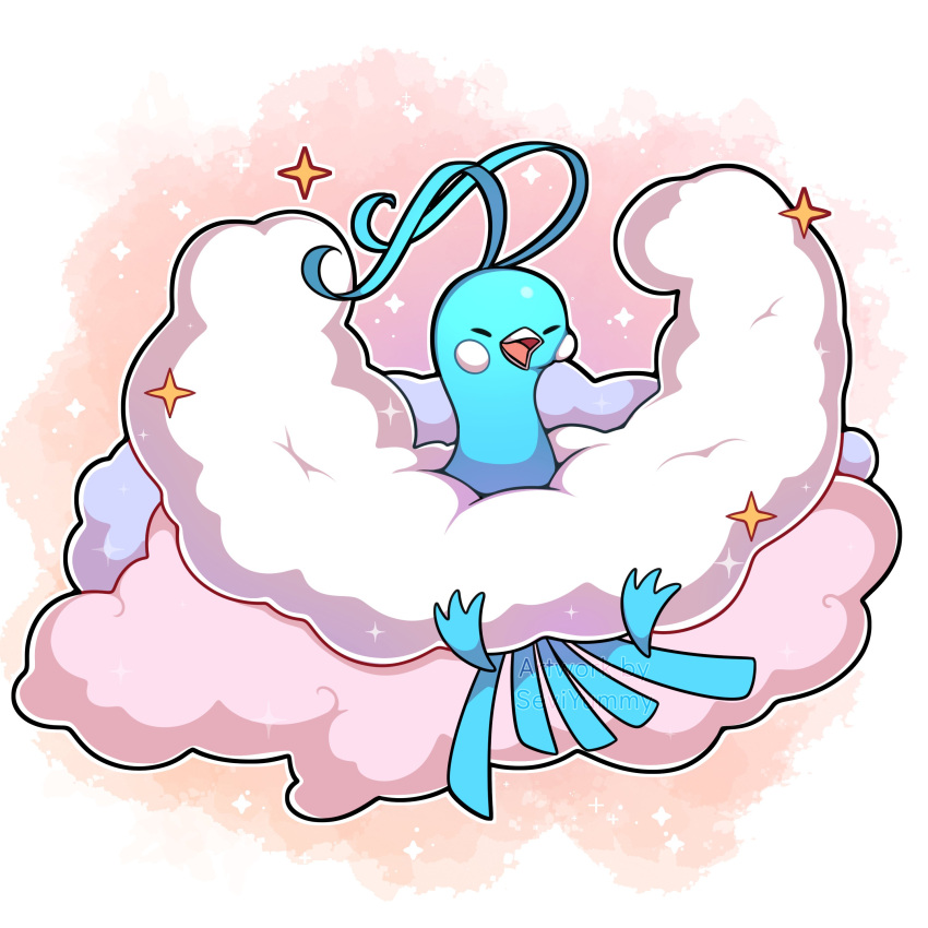 absurdres altaria artist_name bird commentary facing_viewer highres open_mouth outline pink_background pokemon pokemon_(creature) sevi_(seviyummy) sparkle watermark white_outline