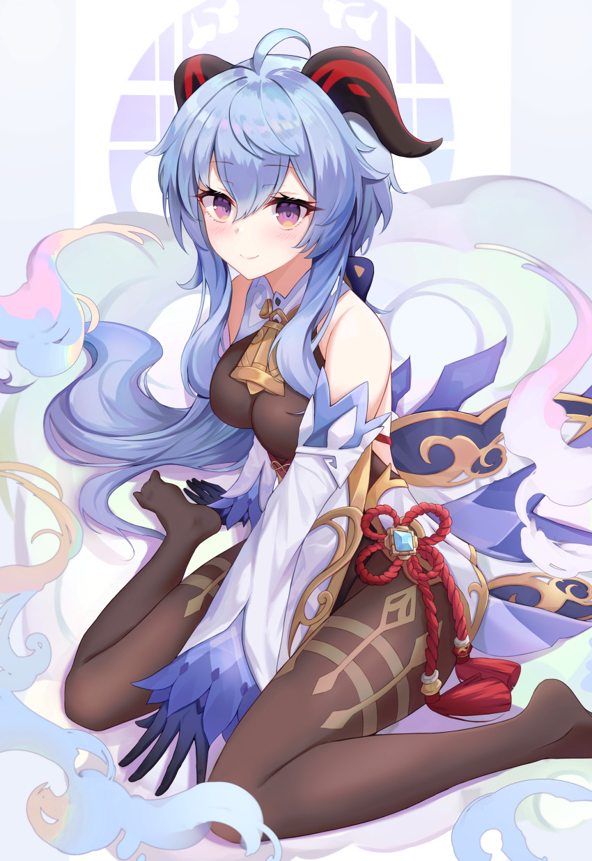 1girl absurdres ahoge bell black_legwear blue_gloves blue_hair breasts closed_mouth cowbell detached_sleeves ganyu_(genshin_impact) genshin_impact gloves goat_horns hair_between_eyes highres horns long_hair looking_at_viewer okey sitting smile solo violet_eyes