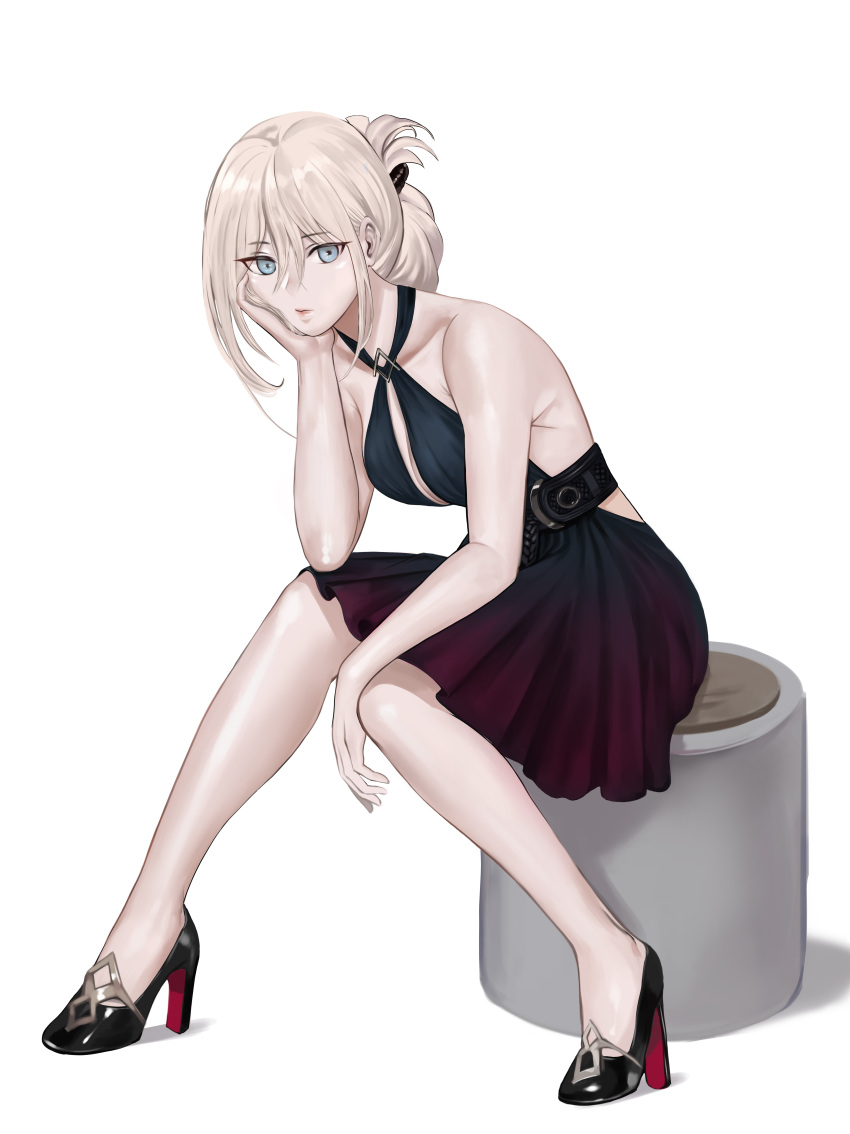 1girl absurdres an-94_(girls'_frontline) bare_shoulders belt black_dress black_footwear blonde_hair blue_eyes breasts closed_mouth dress eyebrows_visible_through_hair gcg girls_frontline hair_ornament hairclip hand_on_headset high_heels highres legs long_hair looking_at_viewer sitting small_breasts solo white_background