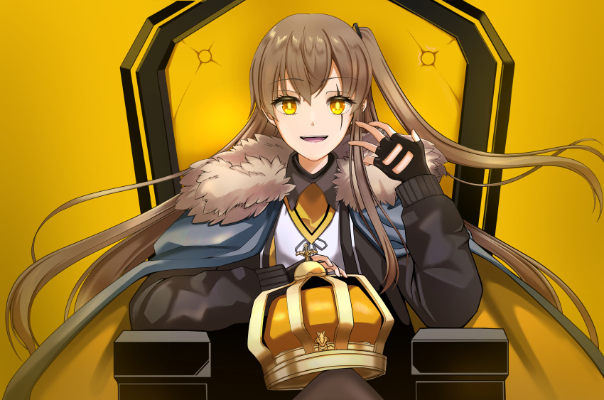 1girl absurdres armchair bangs black_gloves black_jacket black_legwear chair crown crown_removed eyebrows_visible_through_hair fur-trimmed_jacket fur_trim girls_frontline gloves hand_up highres jacket king_(vocaloid) light_brown_hair long_hair looking_at_viewer open_clothes open_jacket open_mouth pantyhose partially_fingerless_gloves scar scar_across_eye shirt side_ponytail smile solo sorayan_03 ump45_(girls'_frontline) white_shirt yellow_background yellow_eyes