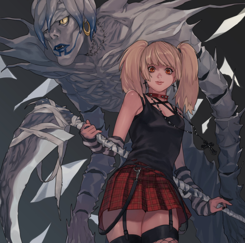 1girl amane_misa bandages bare_shoulders black_background black_nails black_shirt blonde_hair breasts chain colored_skin cross cross_earrings cross_necklace death_note earrings fangs garter_straps gradient gradient_background grey_skin highres holding holding_scythe jewelry long_hair looking_at_viewer necklace open_mouth plaid plaid_skirt pleated_skirt purple_lips red_skirt rei_(tdn_ng) scythe shiny shiny_skin shirt skindentation skirt small_breasts smile solo thigh-highs torn_clothes torn_shirt twintails weapon yellow_eyes