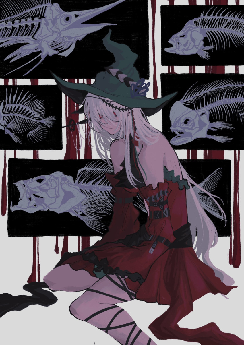 1girl aqua_gloves aqua_headwear arknights ascot bare_shoulders black_neckwear blood breasts chinese_commentary closed_mouth commentary detached_sleeves dress feet_out_of_frame fish_bone gloves hair_ornament hat highres long_hair low-tied_long_hair medium_breasts official_alternate_costume pointy_hat red_dress red_eyes silver_hair sitting skadi_(arknights) skadi_the_corrupting_heart_(arknights) solo thigh_strap very_long_hair wariza white_background wide_sleeves witch_hat x-ray_film zero_zhengyi