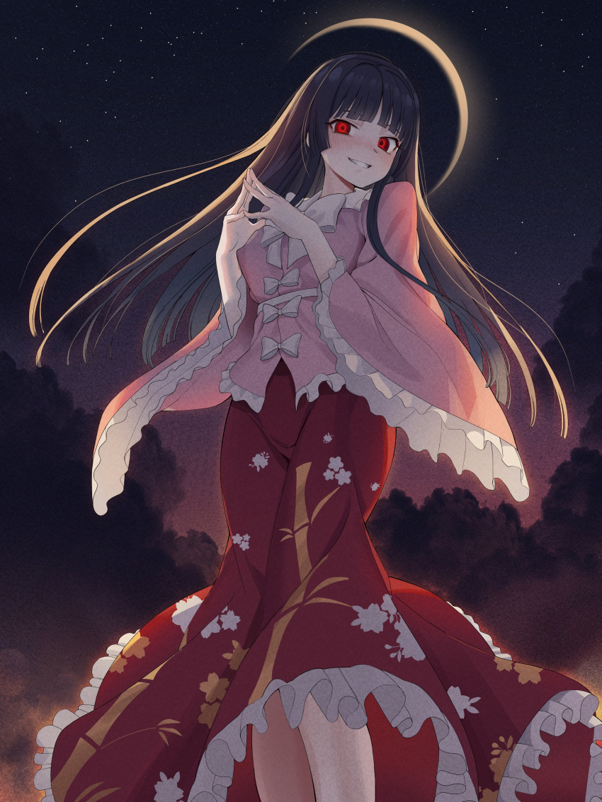 1girl absurdres bamboo_print black_hair blush bow bowtie breasts eclipse floral_print goback highres hime_cut houraisan_kaguya japanese_clothes long_hair long_skirt long_sleeves looking_at_viewer medium_breasts night night_sky pink_shirt red_eyes red_skirt shirt skirt sky star_(sky) starry_sky touhou very_long_hair white_bow wide_sleeves