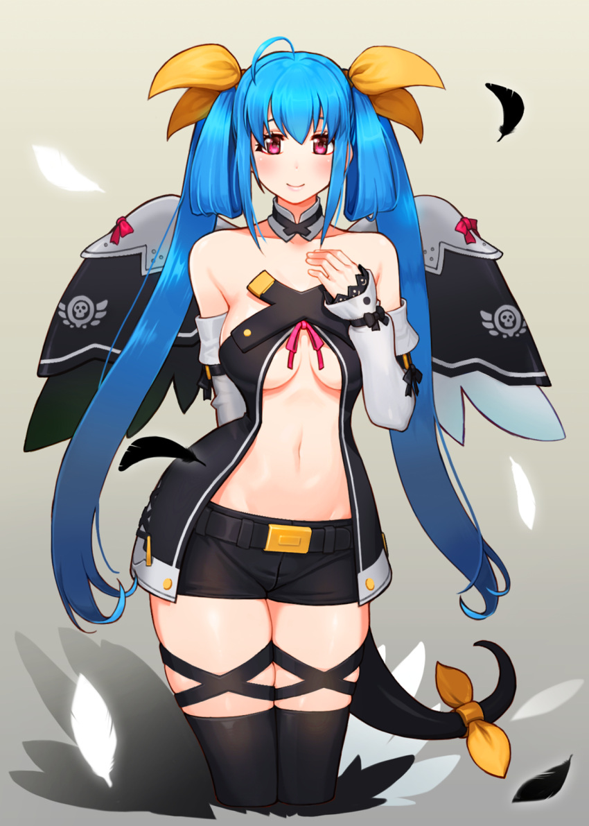 1girl asymmetrical_wings bare_shoulders blue_hair dizzy_(guilty_gear) feathers guilty_gear guilty_gear_vastedge_xt highres k1_(erin22) long_hair navel pale_skin ribbon shorts twintails wings yellow_ribbon