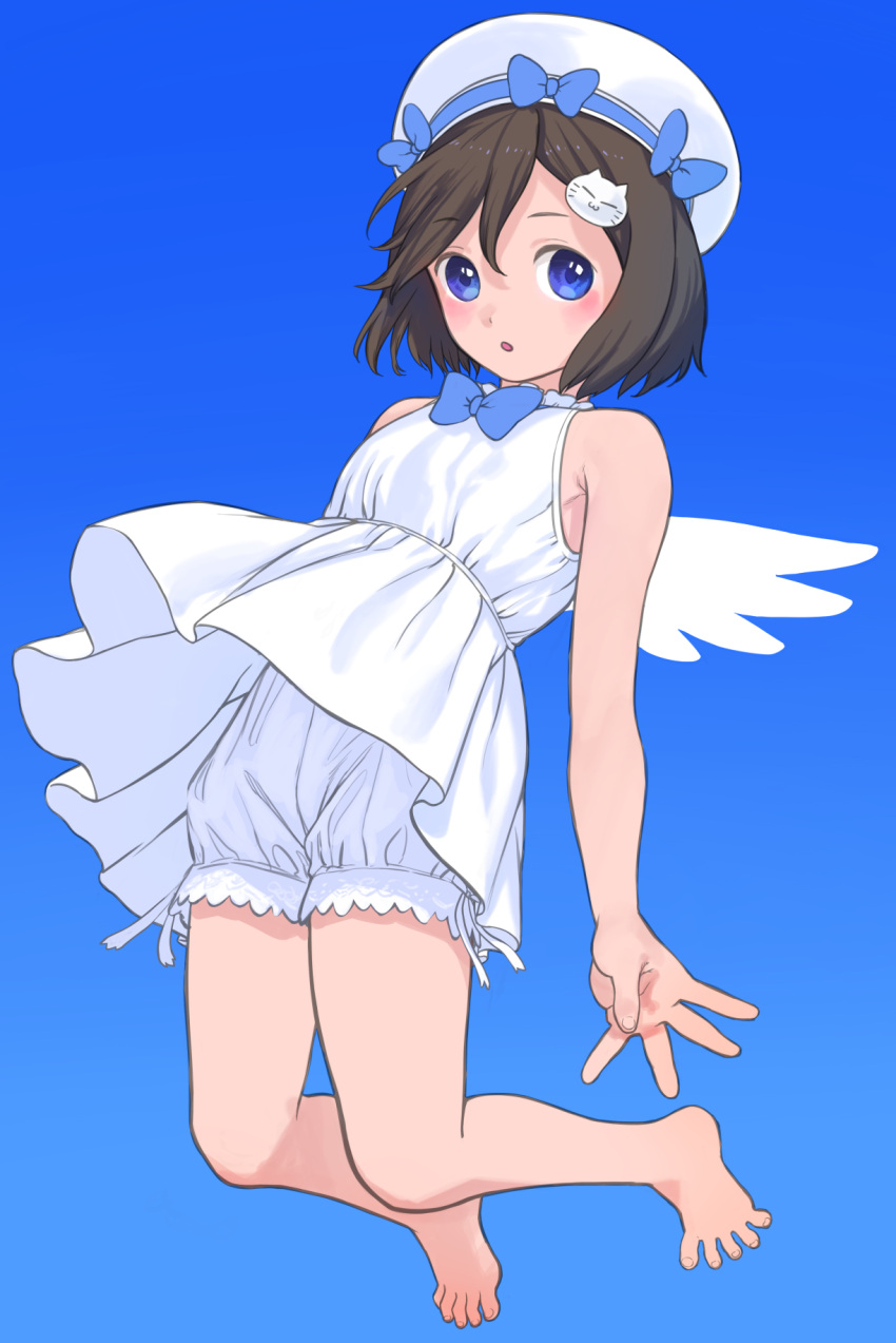 1girl :o angel_wings animal_hair_ornament bare_shoulders barefoot black_hair bloomers blue_bow blue_eyes blush bow bowtie cat_hair_ornament dress full_body gradient gradient_background hair_ornament hairclip hat hat_bow highres looking_at_viewer original pastime774 short_hair sleeveless sleeveless_dress solo symbol-only_commentary toes underwear white_bloomers white_dress wings