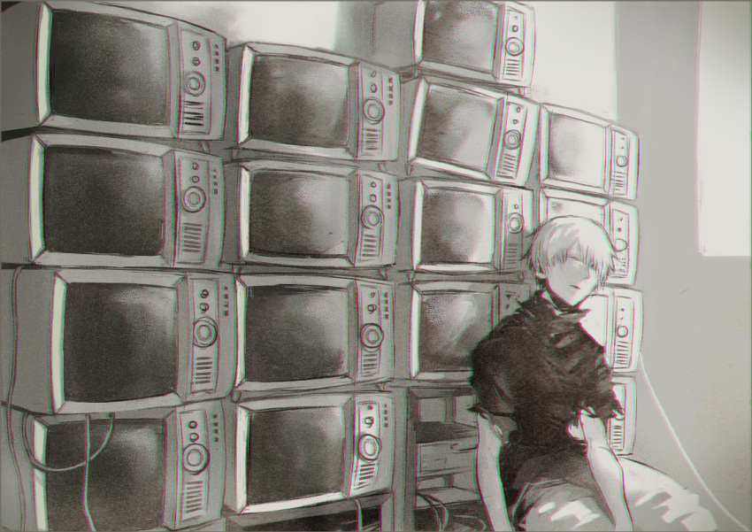 1boy bangs black_shirt closed_eyes closed_mouth commentary_request grey_background greyscale indoors kaneki_ken koujima_shikasa male_focus monochrome pants shirt short_hair short_sleeves shorts sitting solo television tokyo_ghoul torn_clothes torn_shirt white_background