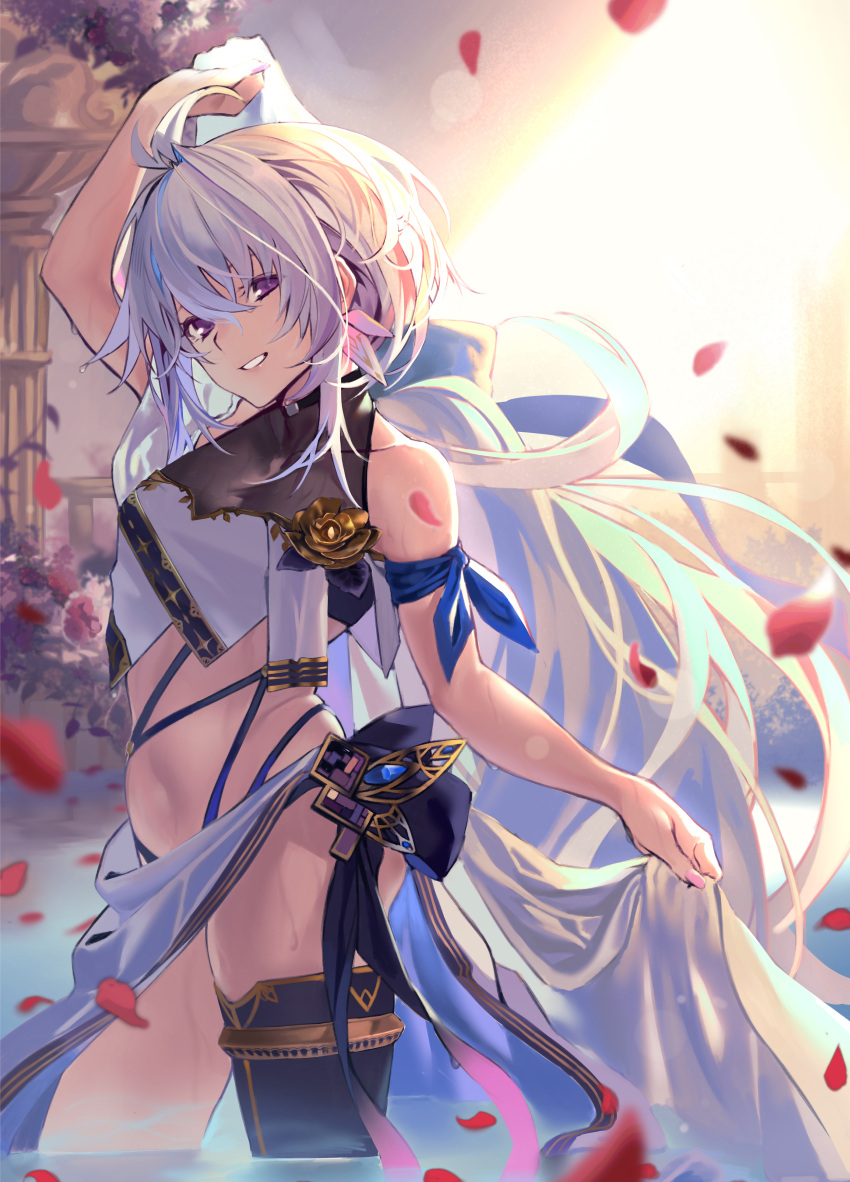 1girl absurdres arm_up bangs bare_shoulders blue_legwear fate/prototype fate_(series) highres hiro_(hirohiro_gorira) huge_filesize in_water long_hair looking_at_viewer merlin_(fate/prototype) navel outdoors parted_lips petals silver_hair single_thighhigh sleeveless smile solo standing sunlight thigh-highs violet_eyes