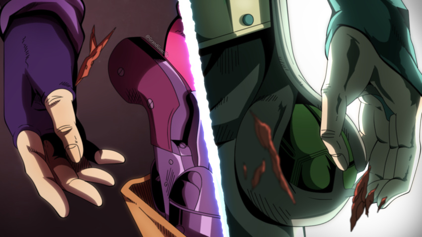 2boys araki_hirohiko_(style) duel fingerless_gloves gloves grandguerrilla gun gyro_zeppeli handgun head_out_of_frame jojo_no_kimyou_na_bouken male_focus multiple_boys official_style purple_gloves revolver ringo_roadagain steel_ball_run weapon